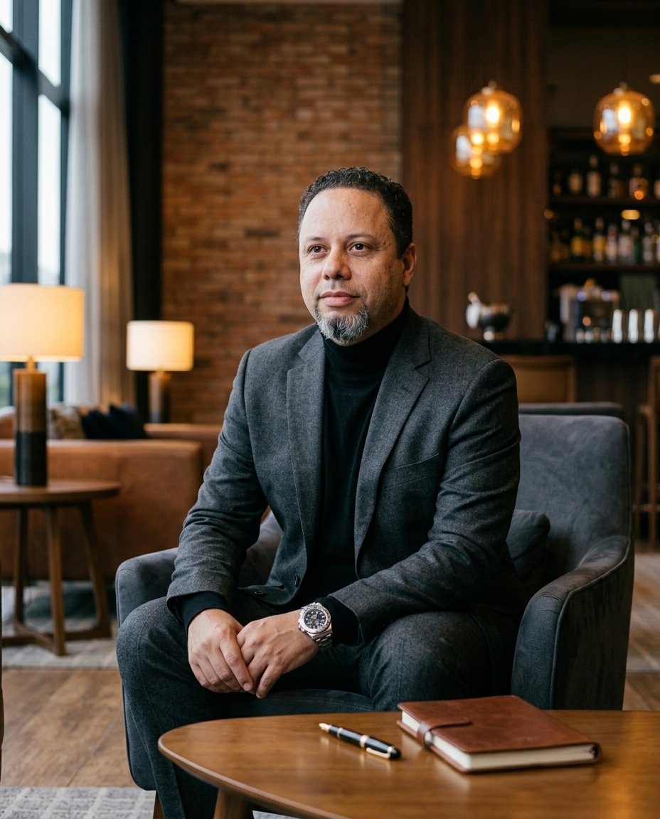 Portrait of Tristan Desechenes in a refined cinematic setting