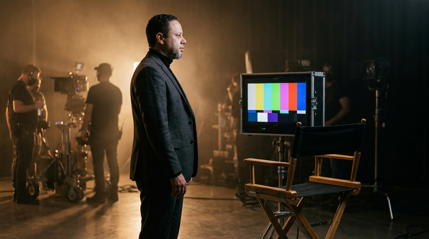 Tristan Desechenes on a dramatic film set with warm production lighting