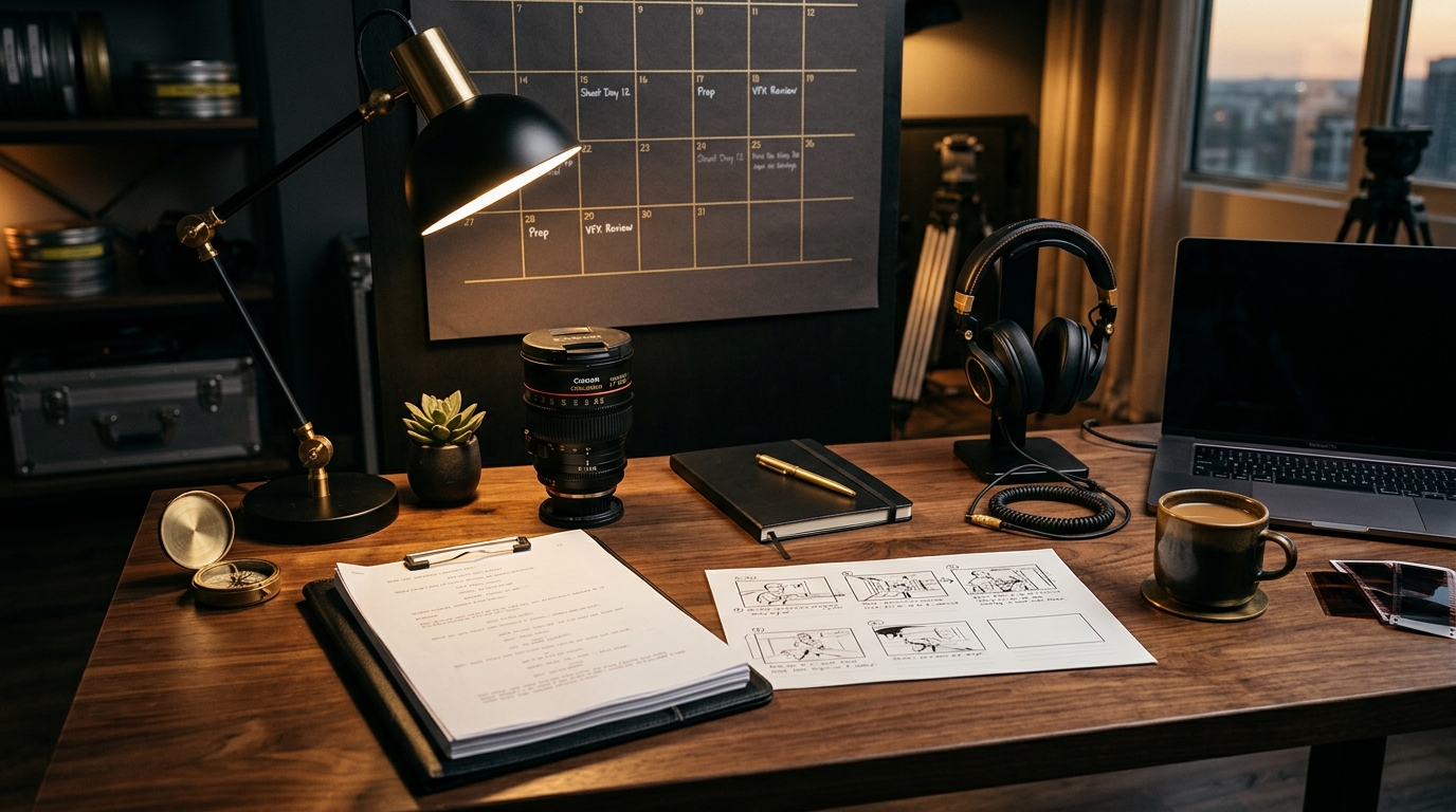 Cinematic producer desk with scripts, notes, camera references, and production planning materials