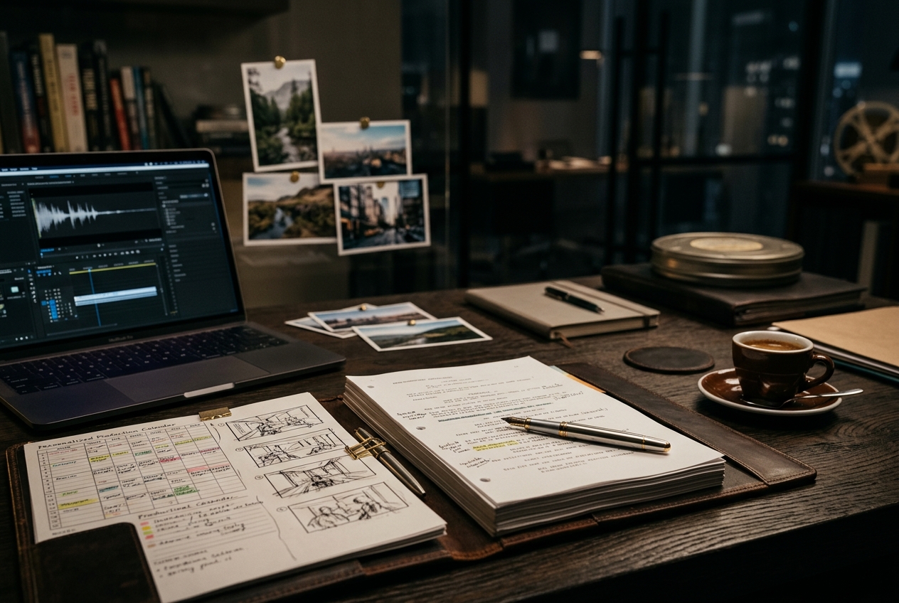 Premium producer desk with scripts, production notes, and cinematic lighting