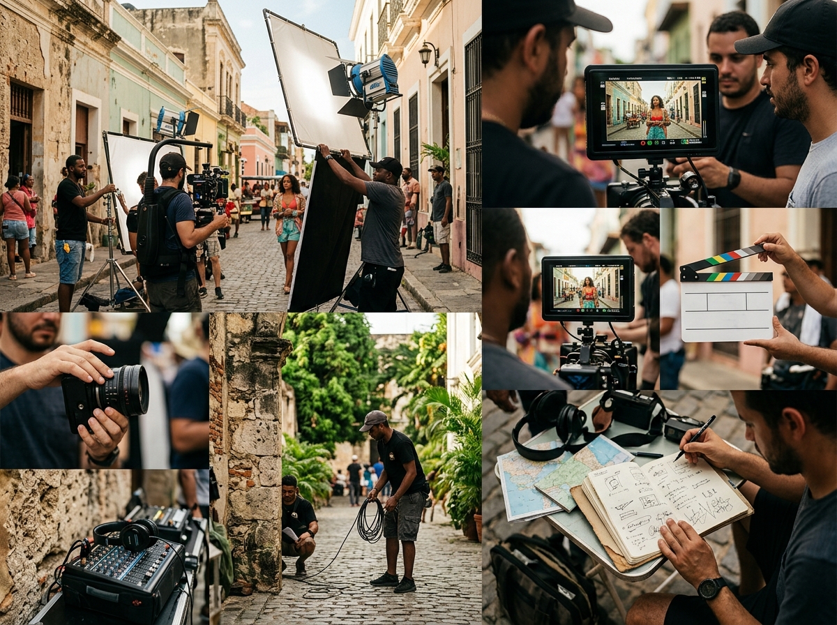 Cinematic montage of production moments, location energy, and film frames