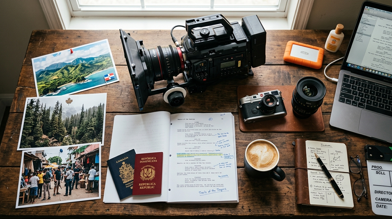 Cinematic production table with camera, script pages, and location references